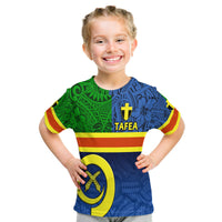 Kids Tafea province day T-shirt, green and blue pattern, yellow stripes, cross and TAFEA