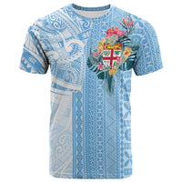 Cerulean Fiji tapa pattern T-shirt with hibiscus flowers and tropical crest on front