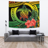 Circular turtle hibiscus tapestry wall hanging with red flower and green tribal motifs