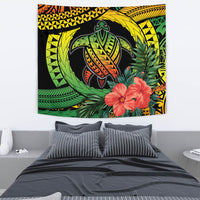 Circular turtle hibiscus tapestry wall hanging with green and yellow reggae patterns