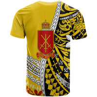 Tonga Terra Marique T-shirt, gold with large crest and black yellow patterned side panels