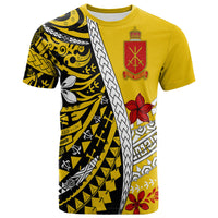 Tonga Terra Marique T-shirt, gold with Polynesian crest and geometric black panel print