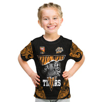Black T-shirt with tiger face front, “TIGERS” text, and tribal orange patterned sleeves.