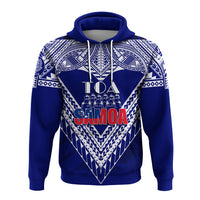 Blue pullover hoodie with white tribal print and red SAMOA logo on front