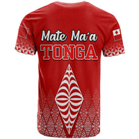 Red rugby T-shirt back with large Mate Ma'a TONGA text and sail emblem