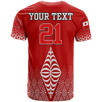 Red rugby t-shirt back with 'YOUR TEXT' and large number 21 graphic