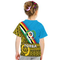 Blue Torba T-shirt with back emblem and diagonal flag stripe over yellow tribal panel