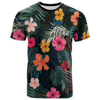 Hawaiian T-shirt with 'Aloha' and tropical hibiscus leaf print, dark green base