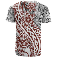 Polynesian tattoo T-shirt, angled view, bold diagonal motif with hibiscus-style flowers
