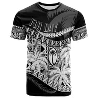 Black crew-neck T-shirt with Fiji Day graphic and patterned palm print
