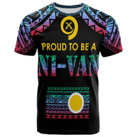 Black Vanuatu T-shirt with front graphic text and colorful Polynesian pattern