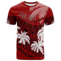 Red Fiji Day T-shirt with FIJI DAY front graphic and palm-leaf pattern