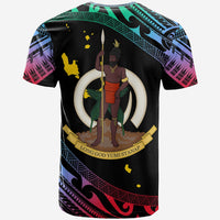 Black Vanuatu T-shirt with back warrior emblem, spear and curved gold text