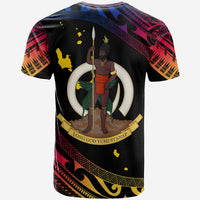 Black graphic T-shirt with central warrior emblem and 'Long God Yumi Stanap' text