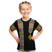 Kids black T‑shirt with multicolor diamond panel and gold cross emblem