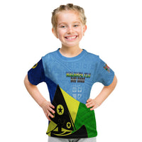 Kids multicolor T-shirt with blue patterned body and black-yellow-green triangle graphic