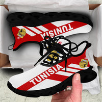 White Tunisia stripe sneakers with black chunky sole, lace-up front view