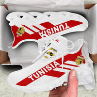 White Tunisia stripe clunky sneakers, side view with red lettering and perforated sole