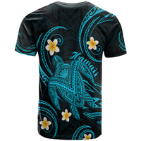 Dark T-shirt back with turquoise tribal turtle, plumeria flowers, and Hawaii script