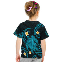 Kids turquoise-and-black tropical turtle T-shirt back with plumeria and tribal script