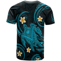 Turquoise-and-black tropical turtle T-shirt back view with plumeria and tribal script