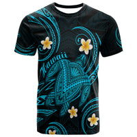 Dark T-shirt with turquoise tribal turtle and plumeria flower graphic