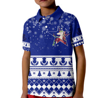 Kids blue winter polo shirt with unicorn star and knit fairisle pattern