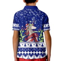 Kids blue polo shirt back with unicorn, trees, snowflakes and diamond fairisle hem