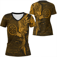 Viking Clothing Vegvisir With Raven Viking Compass Gold Version V Neck T shirt RLT12 - Wonder Print Shop
