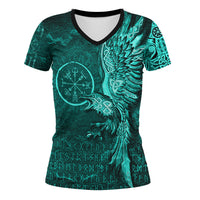 Viking Clothing Vegvisir With Raven Viking Compass V Neck T shirt Cyan Version RLT12 - Wonder Print Shop