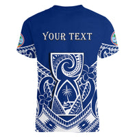 Blue V-neck graphic t-shirt with 'YOUR TEXT' and Polynesian-style back print