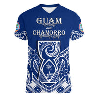 Blue V-neck graphic t-shirt with large Polynesian-style design at front