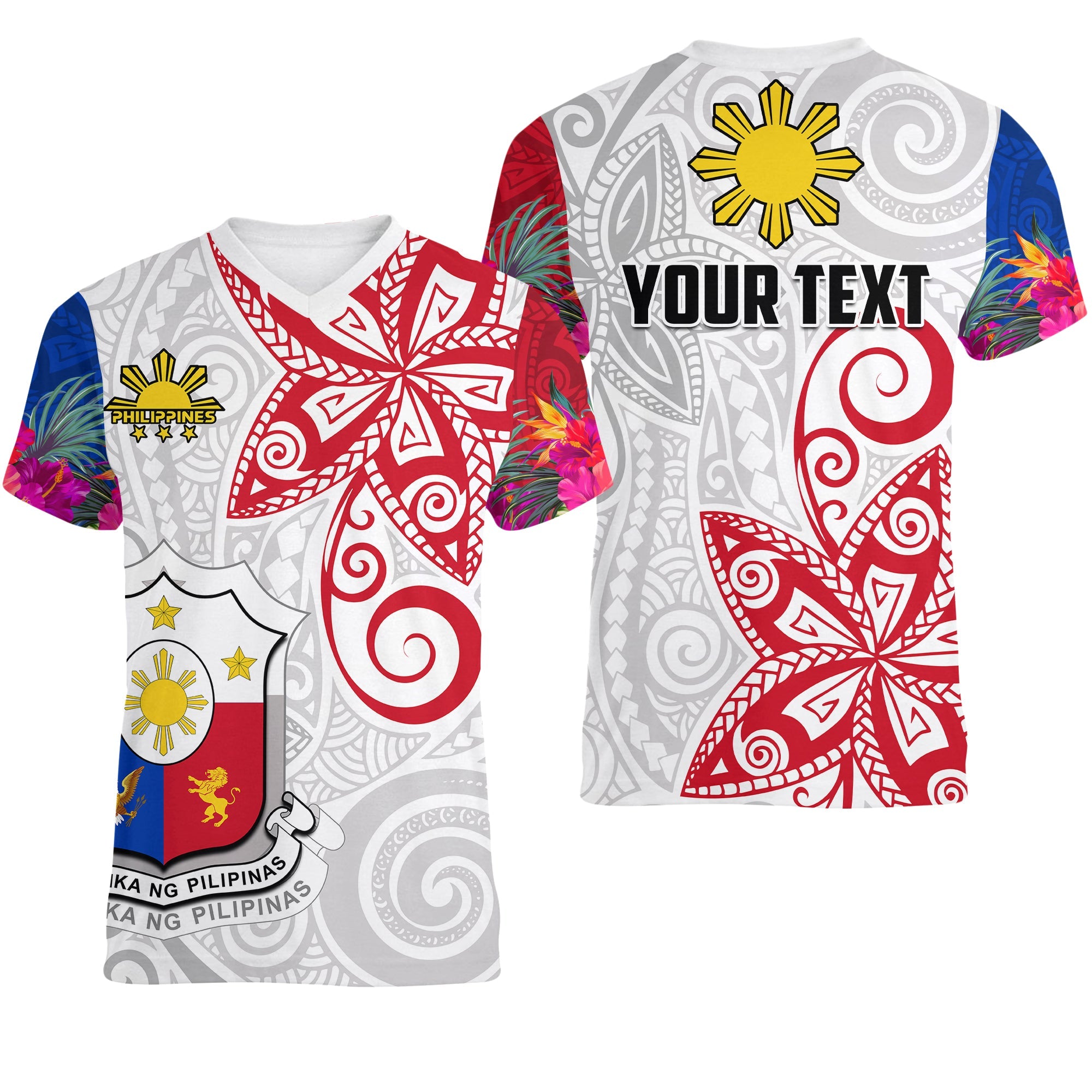 custom-personalised-philippines-v-neck-t-shirt-sun-filipino-polynesian-mix-flowers-special-vibe
