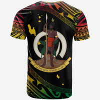 Black back design with warrior graphic, spear, and text 'LONG GOD YUMI STANAP'