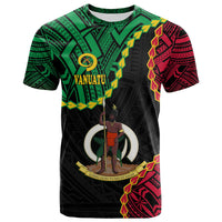 Graphic T-shirt with Vanuatu crest, green and red tribal pattern on black background
