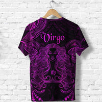 Back view Virgo zodiac T-shirt with purple/pink curly woman face graphic