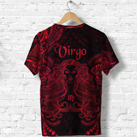 Virgo zodiac polynesian T-shirt, red-on-black back view with large woman graphic