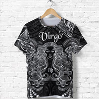 Black crewneck T-shirt with white Virgo zodiac lady and Polynesian-style patterns