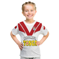 Kids white rugby T-shirt with red V yoke, geometric pattern, front crest and Tonga text