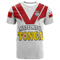 White rugby T-shirt with red V yoke, geometric pattern, front crest and Tonga text