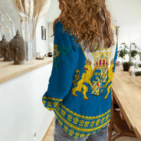 Sweden Women Casual Shirt Swedish Coat Of Arms With Scandinavian Flowers - Wonder Print Shop