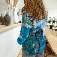 Custom Personalised Manaia Maori Women Casual Shirt Fern Aotearoa Blue Waves LT13 - Wonder Print Shop