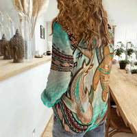 Hawaii Women Casual Shirt Polynesian Shark And Sea Turtle Dreamy Turquoise Artsy - Wonder Print Shop