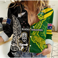 (Custom Personalised) Australia Kangaroos And All Black Rugby Women Casual Shirt Aboriginal Mix NZ Maori Fern - Wonder Print Shop