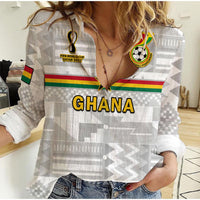 Ghana Football Women Casual Shirt Black Stars Kente World Cup 2022 White - Wonder Print Shop