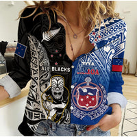 (Custom Personalised) All Black And Toa Samoa Rugby Women Casual Shirt NZ Maori Fern Mix Polynesian - Wonder Print Shop