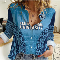 Fiji University Women Casual Shirt National Fijian Tapa Pattern Blue - Wonder Print Shop