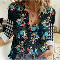 Hawaii Skeleton Surf Women Casual Shirt Halloween Hawaiian Tribal LT13 - Wonder Print Shop