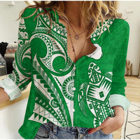 Rarotonga Cook Islands Women Casual Shirt Turtle and Map Style Green LT13 - Wonder Print Shop