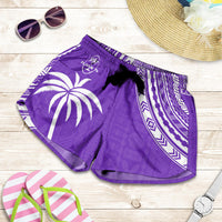 Women's purple rugby sevens shorts with palm print, black drawstring, geometric side panel